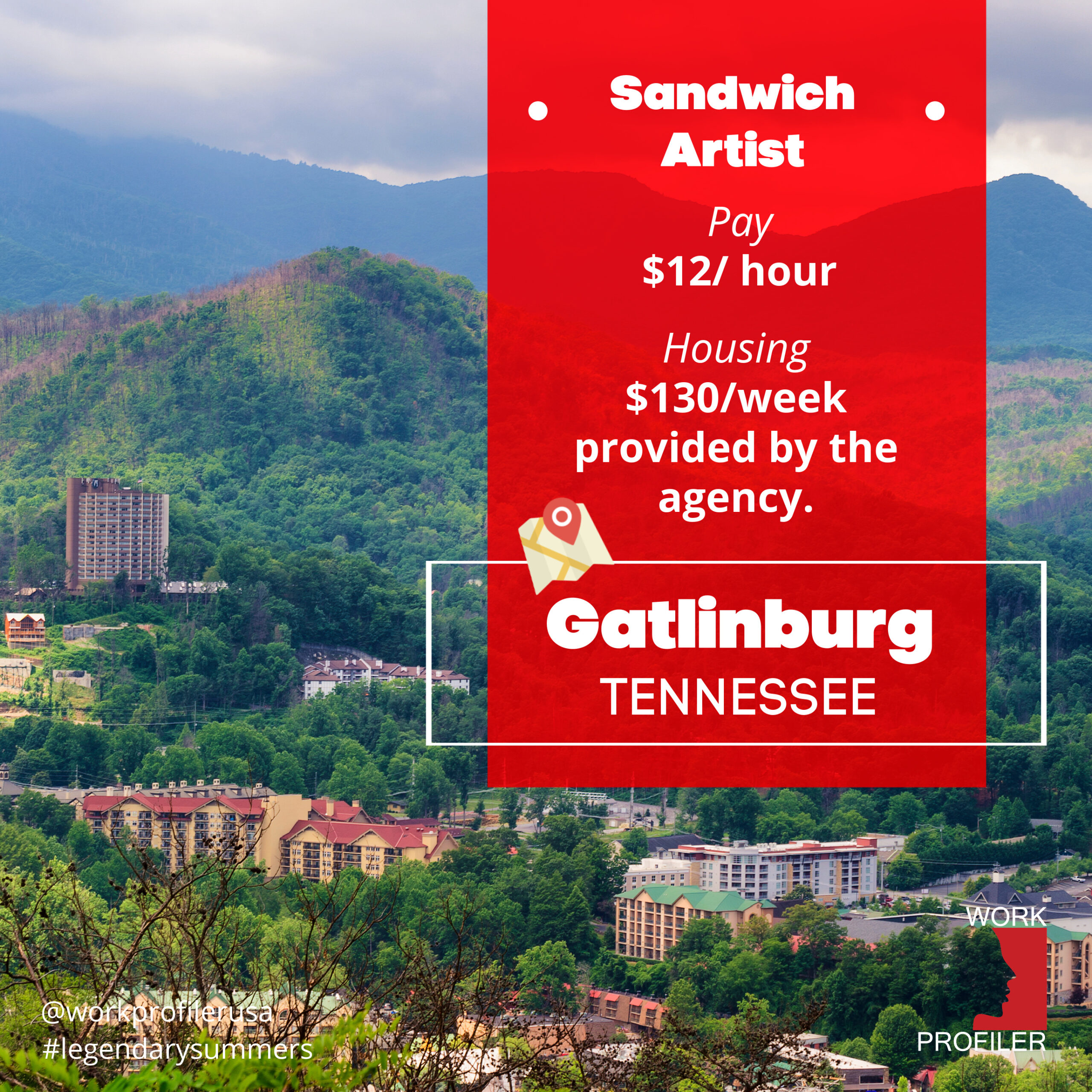 A job advertisement for a restaurant crew member position in Gatlinburg, Tennessee.