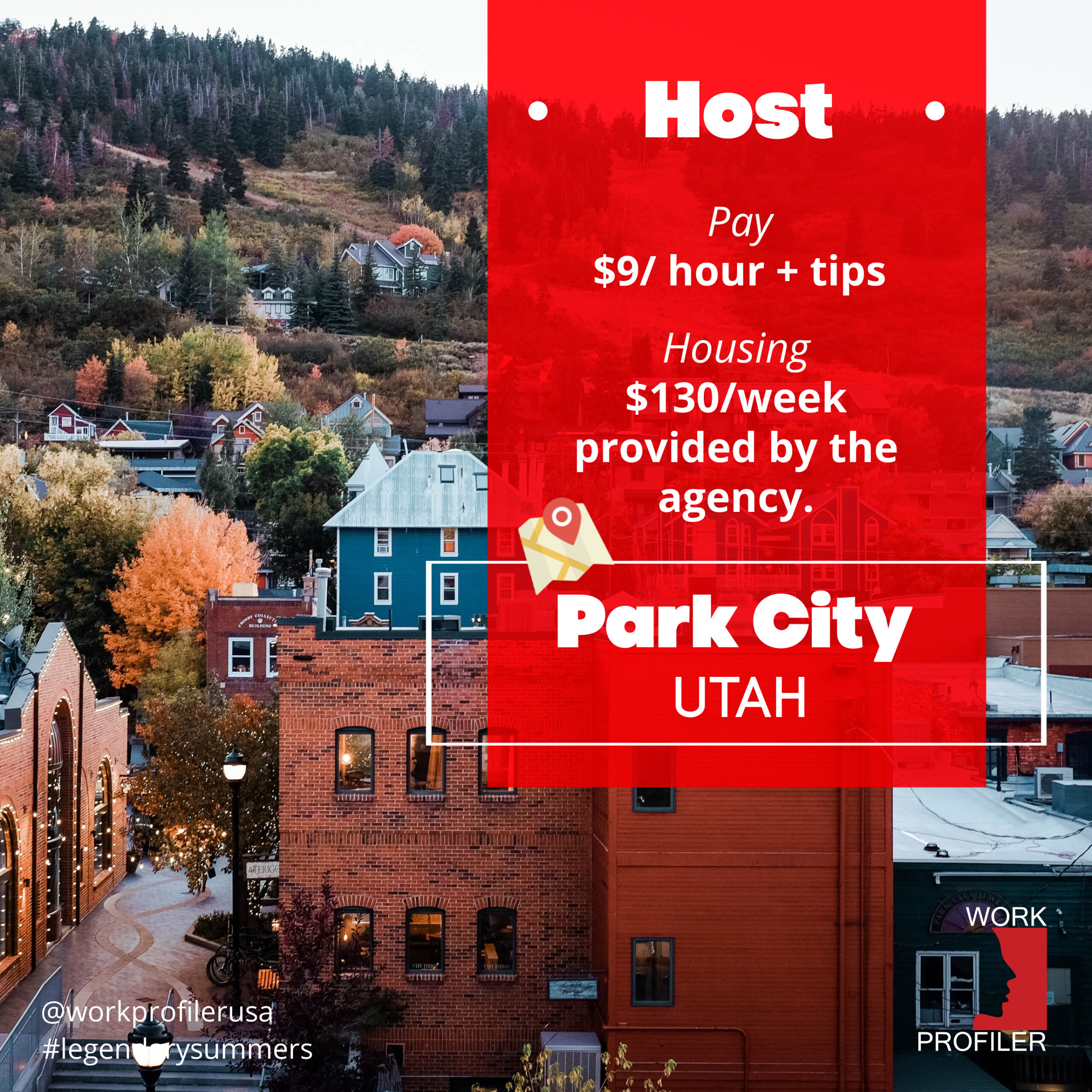 A red poster with black text advertising a summer job opportunity in Park City, Utah. The poster mentions pay of $9 per hour and tips, as well as housing provided by the agency