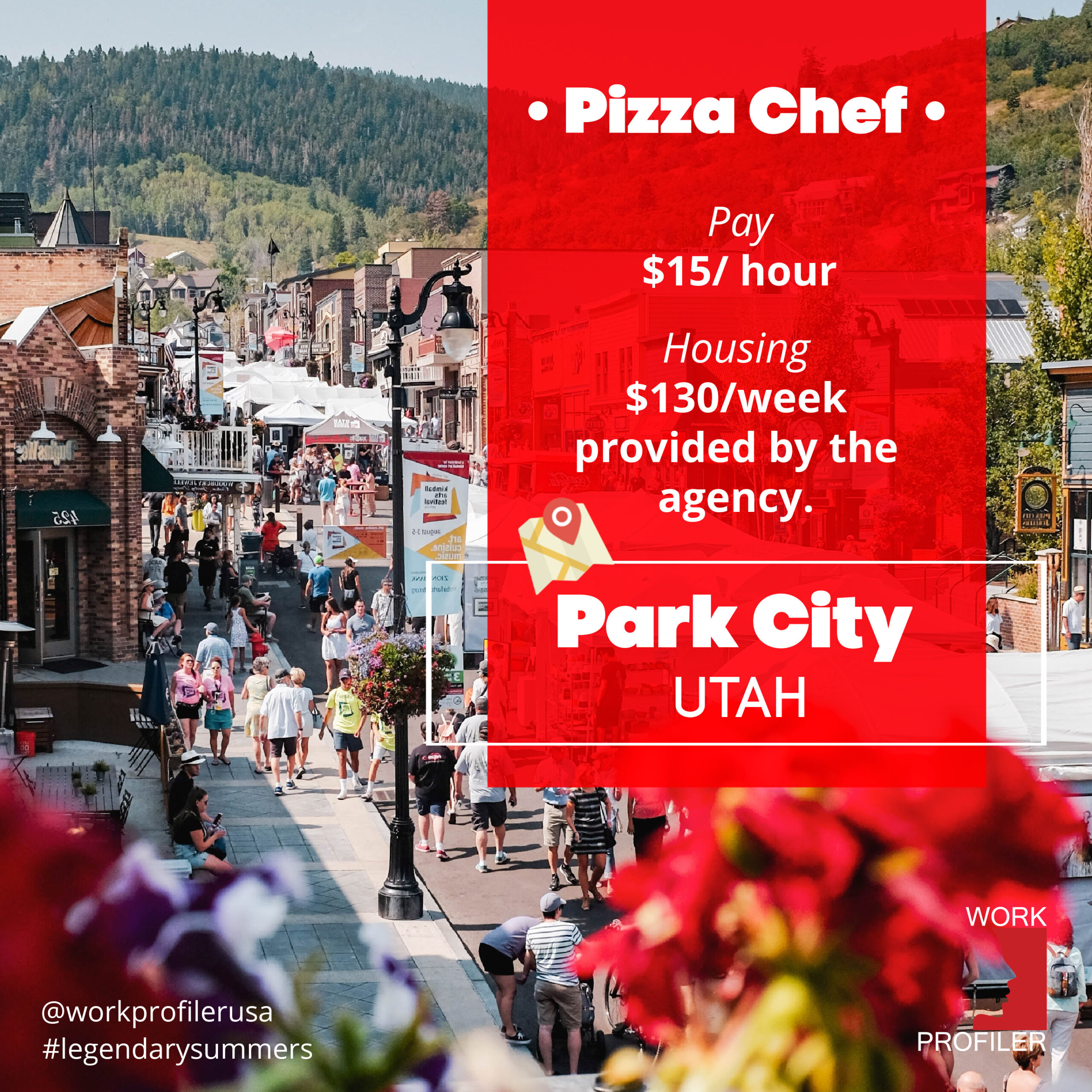 A job advertisement for pizza chef position, in Utah. The ad mentions pay of $15 per hour and housing provided by the employer.