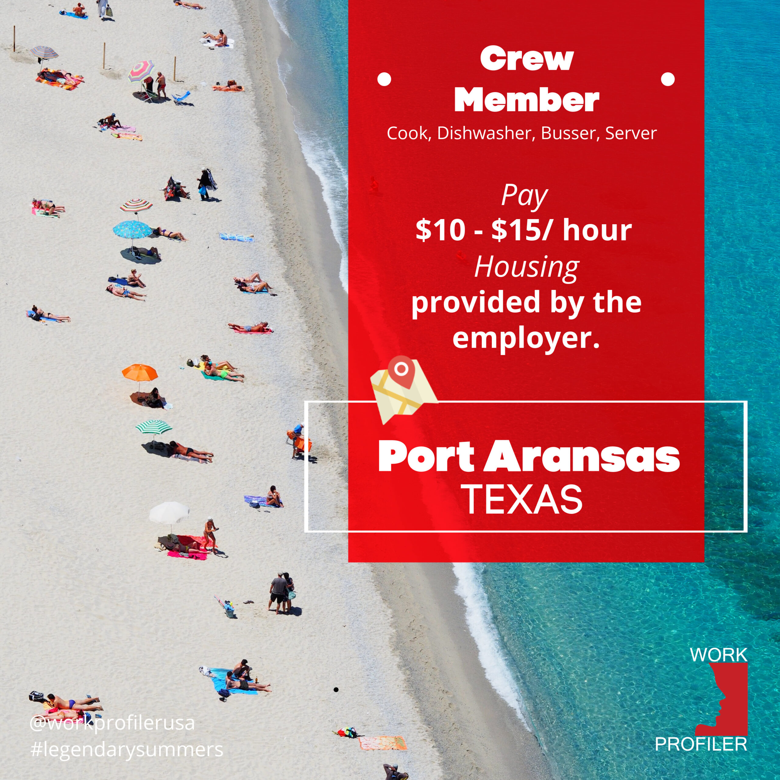 A job advertisement for crew member positions, including cook, dishwasher, busser, and server, in Port Aransas, Texas. The ad mentions pay of $10-$15 per hour and housing provided by the employer.